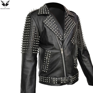 2026 Slim Fit Premium Quality Easy Wear Comfortable Handmade Genuine Leather Stand Collar Front Logo <b>Studded</b> Jacket <b>Men</b> Raccoon - Product Image 2