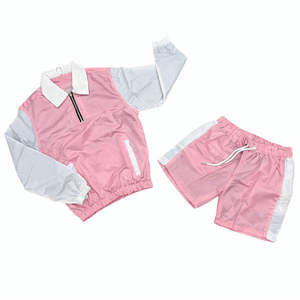Ensemble de survêtement color block pour femme, veste coupe-vent à col rabattable et demi-zip, et short à cordon de serrage - Product Image 1