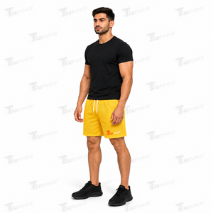 Shorts Bermuda en maille jaune pour homme, taille mi-haute, cordon de serrage, séchage rapide, décontracté, athlétique, couleur unie, logo frontal, maille tricotée - Product Image 2