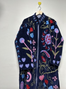 Handmade Embroidered <b>Velvet</b> <b>Jacket</b> Eco-Friendly Breathable Cotton Lining Long Floral Boho Ethnic Open Front Longline Coat Autumn - Product Image 1