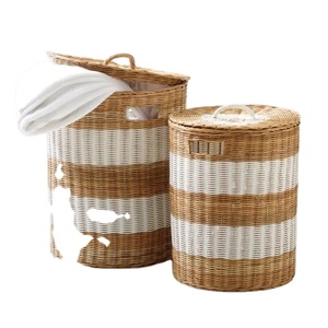 Cesta de ropa tejida a mano de mimbre natural con tapa, cestas de almacenamiento de jacinto de agua, organizador de soporte de algas marinas, baño y hogar - Product Image 6