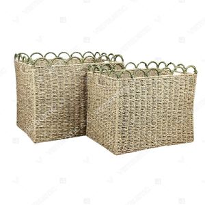 BOTANICAL TRIM Eco-Friendly Rustic <b>Rectangle</b> Green Scallop Woven <b>Storage</b> <b>Basket</b> Set Organizer Box for Entryway - Product Image 4