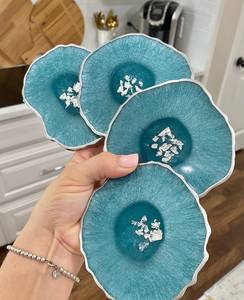 Teal turquoise resin <b>coaster</b> <b>set</b>-geode resin agate <b>coasters</b> with silver accents great housewarming realtor teacher or engagement - Product Image 2