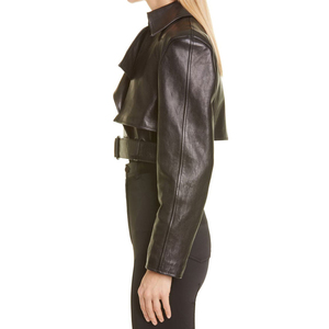 Chaqueta Corta de Pana y Cuero Genuino para Mujer, Corte Entallado, Cierre de Cremallera, Casual, Elegante, Manga Larga, Prenda Exterior Estilosa para Uso Diario - Product Image 2