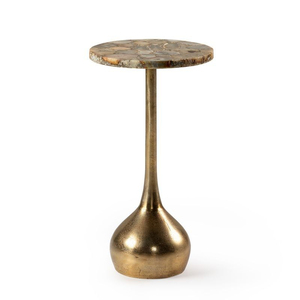 Mesa Auxiliar Redonda Contemporánea con Tapa de Piedra, Base de Pedestal de Metal Bronce, Mesa Auxiliar Redonda de Metal Estilo Boho Chic - Product Image 5
