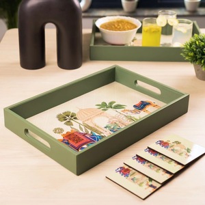 Rectangular Wooden Decorative Tray With <b>Animal</b> Print Design Rustic Style Handle For <b>Table</b> Decor - Product Image 4