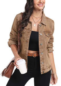 Almond Brown Custom Denim <b>Jacket</b> for <b>Women</b> Winter Autumn Season Cotton-Filled Printed Knitted Ladies Jeans - Product Image 4