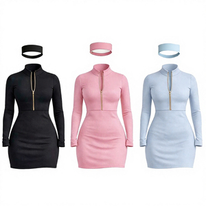 Women 2 Piece Set Stand Collar Half Zipper Long Sleeve Bodycon Dress with <b>Headband</b> Skinny Club Outfit women's set's - Product Image 1