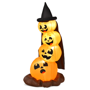 Citrouille gonflable d'Halloween avec chapeau de sorcière et lumières LED - Décoration de jardin extérieure de 7 pieds - Product Image 1