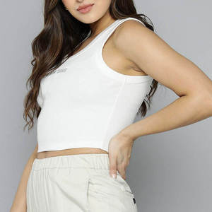 Women's White Knitted Scoop Neck Tank <b>Top</b> Solid Color Casual Crop <b>Top</b> Breathable Front Logo Design - Product Image 5
