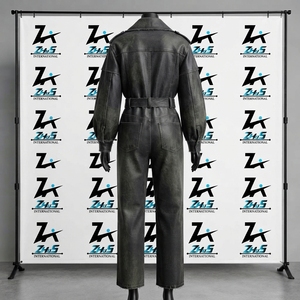 Manufacturer Long Sleeve Belted Wide Leg Faux Leather Faux Tracksuit <b>Romper</b> Fashion Streetwear Coverall Leather Tracksuit Set - Product Image 2