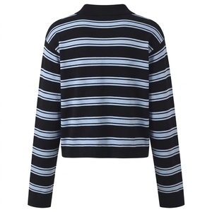 Black and Blue Striped Long-<b>Sleeve</b> Knit Polo Shirt - Product Image 2