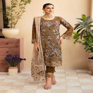Ensemble Salwar Kameez Beige Brodé Lourd pour Femme – Tenue Traditionnelle Indienne et Pakistanaise pour Mariage, Longueur Cheville, Coupe Classique - Product Image 1