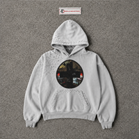 Sweat à capuche décontracté gris délavé oversize avec motif graphique, effet vieilli, clouté, vintage, imprimé cercle abstrait, streetwear urbain unisexe