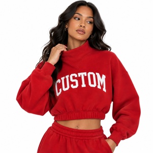 Ensemble décontracté rouge pour femme : sweat-shirt à col montant taille haute et short, avec logo personnalisé, haut court oversize et fourrure, tenue de détente - Product Image 5