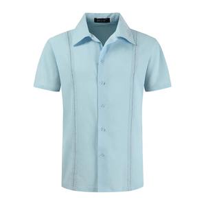 Chemise en lin pour homme pour l'été, style cubain Shagua Abella, design colorblock, brodée, à manches courtes, décontractée, col à revers, anti-rétrécissement - Product Image 3
