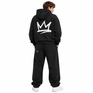 Ensembles de survêtements Hip Hop noirs à capuche, coupe oversize, avec imprimé graphique et motifs personnalisés, en molleton bouclette lourd, style jogger décontracté, vente en gros - Product Image 1