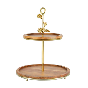 Modern Gold Tone Leaves Design 2 Tier Acacia Wood Cake Stand Luxury Handcrafted Wooden Dessert Serving Tray For Home & Hotel - Product Image 1