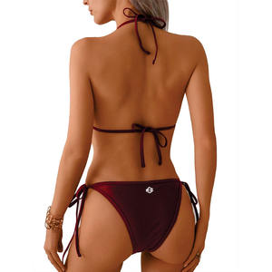 Nuevo Conjunto de Bikini Triangular Color Borgoña para Mujer, con Cuello Halter y Lazos Laterales, Traje de Baño de Dos Piezas con Detalles Metálicos, Ropa de Playa, Venta al Por Mayor OEM, EE. UU. - Product Image 2