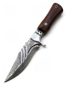 Couteau utilitaire d'extérieur artisanal à lame fixe robuste en acier Damas, manche en bois de rose foncé - Product Image 6