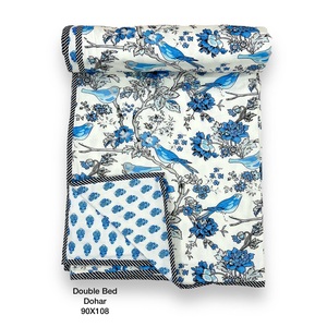 Pure Cotton Reversible <b>Bed</b>/<b>Sofa</b> Handmade Handprinted Floral Dohar Elegant White <b>Blue</b> Buy Direct From Supplier At Bulk - Product Image 2