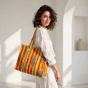 Sac à bandoulière matelassé en coton avec fermeture éclair, style ethnique indien, imprimé tigre jaune et rouge, fait main, pour femme, vente en gros - Product Image 2