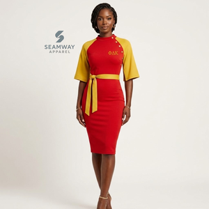 NSPDK Vestido midi ajustado de color rojo y dorado con bloques de color en contraste para mujer, vestido informal ajustado con detalle de botones y lazo en la cintura - Product Image 6