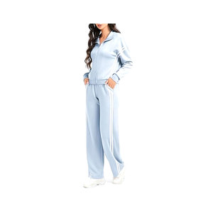 Conjunto de 2 piezas para mujer: Sudadera con cremallera y pantalones de chándal de pierna ancha con rayas en contraste, ideal para viajar - Product Image 2