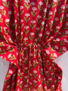 Women's Red Floral Print 100% Cotton Maxi <b>Kaftan</b> Dress V Neck Batwing Sleeves Drawstring Eco-Friendly Breathable Handmade <b>Beach</b> - Product Image 4