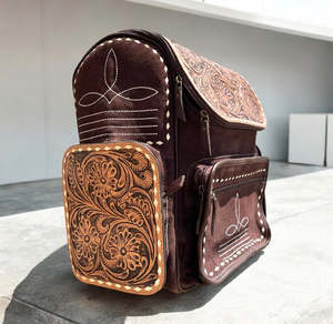 Handcrafted Suede <b>Leather</b> <b>Backpack</b> with Floral Tooled <b>Leather</b> & Cherry Design Western Boho Travel Bag - Product Image 3