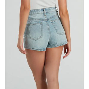 Shorts de Mezclilla de Cintura Alta con Detalles Desgastados y Agujeros, Estilo Casual de Verano para Mujer, Shorts de Mezclilla de Algodón Azul Claro - Product Image 6