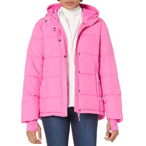 Blouson matelassé rose à capuche pour femme – Vêtement d'extérieur décontracté d'hiver, couleur unie, en polyester, fermeture boutonnée, coupe épaisse - Product Image 1