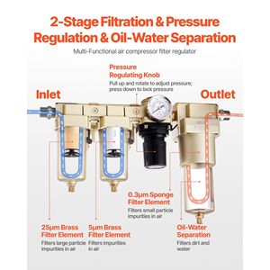 Sistema di Essiccazione dell'Aria Compressa a 3 Stadi 25 m 5 m 0,3 m, Combinazione Filtro-Regolatore per Compressore d'Aria Industriale con 1/2'' NPT - Product Image 2