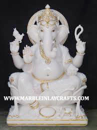 Sculpture religieuse artisanale en marbre blanc, représentant le dieu Ganesh, en position assise sur un lotus, pour la prière, fournisseurs indiens. - Product Image 3