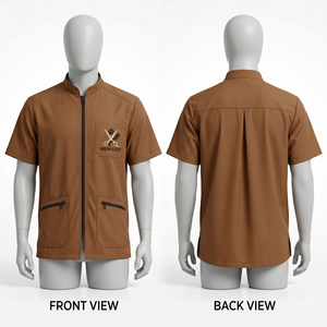 Chaqueta de Barbero Profesional para Hombre, 280 GSM, Poliéster y Spandex, Color Marrón Óxido, Puños Negros con Ribete, Logotipo Personalizado con Transferencia Térmica - Product Image 3