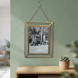 Artisan Design Pf1138 Brass/Glass Rectangle Hanging <b>Photo</b> <b>Frame</b> with Vertical Wall <b>Mount</b> and Chain Hanger - Product Image 1