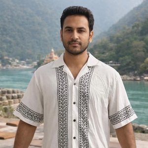 Premium Men’s White Cotton <b>Half</b> Sleeve <b>Shirt</b> Traditional Indian Hand-Block Print Casual Ethnic Fashion for Men - Product Image 5