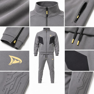 Men's Gray Polyester Tracksuit Drawstring Sporty <b>Jogger</b> <b>Set</b> Side Pockets Logo Design Winter Eco-Friendly Breathable Heavyweight - Product Image 6