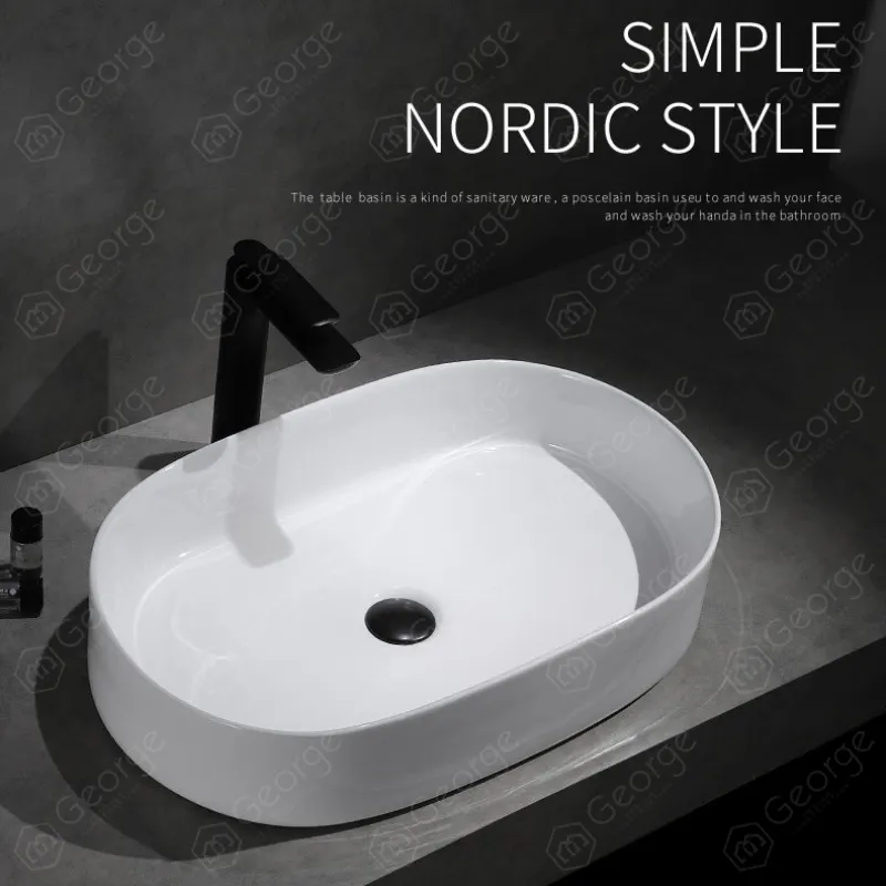 シンプルなスタイルの装飾バスルーム楕円形セラミックアート盆地高温セラミック洗面台LX1049