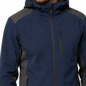Wholesale Navy Blue Grey Contrast <b>Men</b> Softshell <b>Jacket</b> Hooded Two Tone Design Waterproof Outdoor Windbreaker Zipper Chest Pocket - Product Image 4