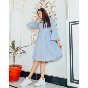 Vestido Corto a Rayas Azules y Blancas con Cintura Imperio, Transpirable y de Moda Sencilla para Ocasiones Diarias - Talla XS - Product Image 4