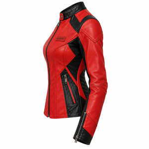 เสื้อแจ็คเก็ตหนังสีแดงสำหรับผู้หญิง แต่งสีดำแบบ Color Block สไตล์ Biker Racer ทรงเข้ารูป คอตั้ง แขนเสื้อแบบซิป  แบบสั่งทำพิเศษ  เสื้อคลุมสำหรับขี่มอเตอร์ไซค์ - Product Image 4