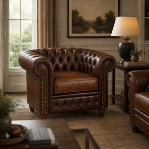 Classic Chesterfield Brown Leather Armchair with Deep Tufting Vintage Accent Chair for Living Room - Product Image 1