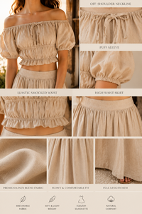 ชุดเซ็ตกระโปรงยาวจีบเอวสูงสีเบจสำหรับผู้หญิง เสื้อครอปเปิดไหล่แต่งระบาย ชุดเดรสเข้าชุดสองชิ้นสำหรับฤดูร้อน - Product Image 5