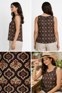 Rajasthani Textile 100% Organic Cotton Natural Dye Hand Drawn Ajrakh Floral Pocket Collarless <b>Crop</b> Tank <b>Top</b> Breathable Women's - Product Image 2