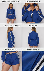Ensemble de survêtement coupe-vent deux pièces bleu roi de qualité supérieure pour femme avec col montant, veste coupe-vent courte zippée et short - Product Image 6