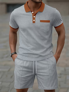 Men's White Polo Shirt Set With Brown Trim Knitted Cotton Casual Summer Wear - Product Image 6