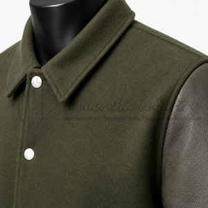 Chaqueta Varsity Verde Oliva para Hombre con Mangas de Cuero, Cuello Camisero, Ropa Casual de Otoño - Product Image 6