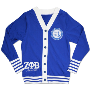 Cardigan boutonné bleu royal Zeta Phi Beta pour femme, pull en tricot avec lettres grecques, tenue décontractée de la sororité, design depuis 1920 - Product Image 1