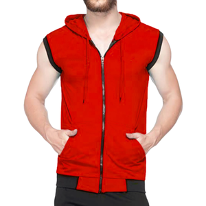 Sudadera con capucha roja sin mangas para hombre, 100% algodón, personalizada, con cremallera, gruesa, para invierno, gimnasio, deportes, fitness, de corte ajustado, bordada - Product Image 1